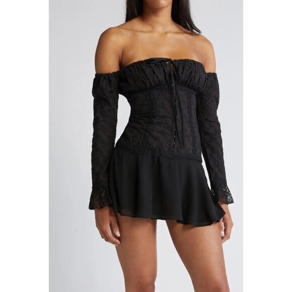 Mistress Rocks Embroidered Mini Dress Womens Large Plus Off Shoulder Black - Picture 1 of 10